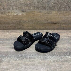 Clarks Cloudstepper Breeze Piper Black Patent Slide Sandals Women's Size 7